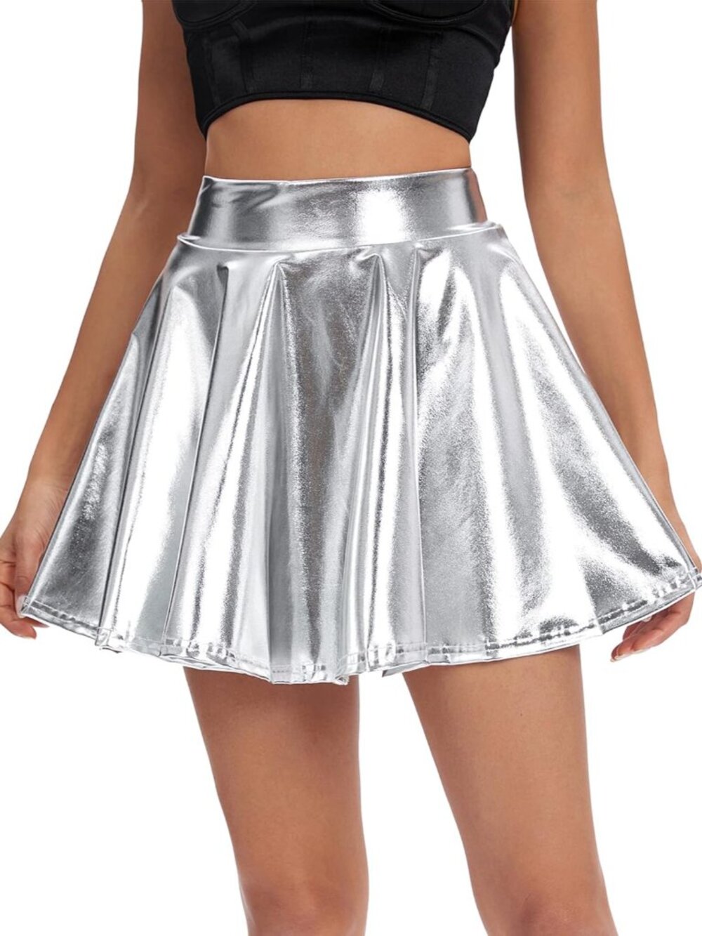 Women's Shiny Flared Pleated Mini Skater Skirt